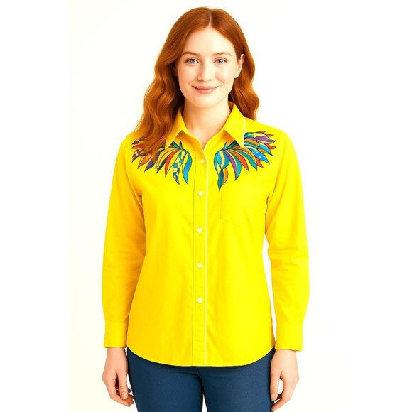 Bob Mackie Wearable Art Yellow Embroidered Shirt Vintage Button Down Retro Chic - Picture 2 of 11